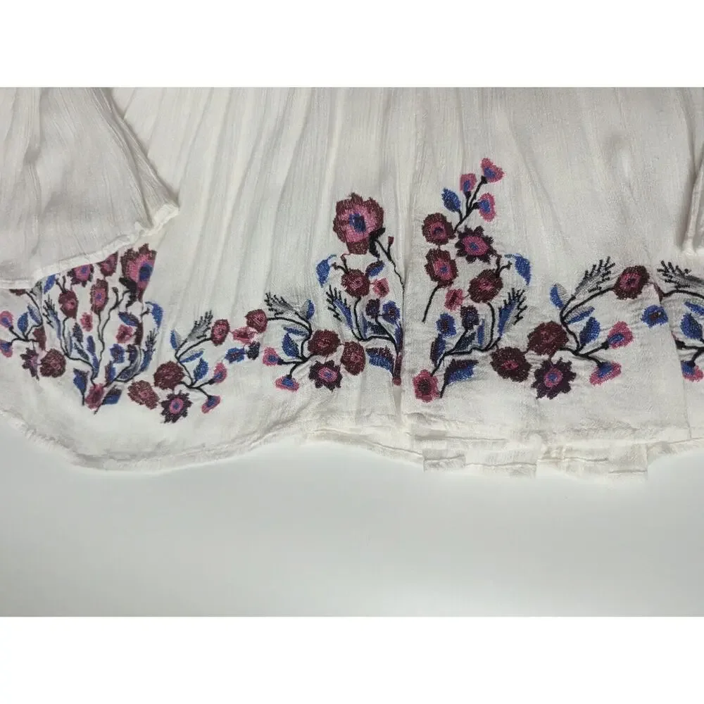 Free People Sz XS White Flowy Embroidered Floral Long Sleeve Shirt